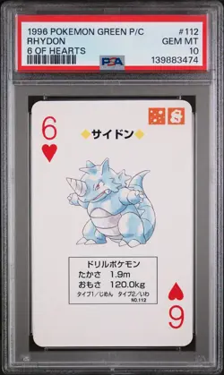 1996 POKEMON GREEN VERSION PLAYING CARDS 6 OF HEARTS #112 RHYDON PSA 10 - Image 1