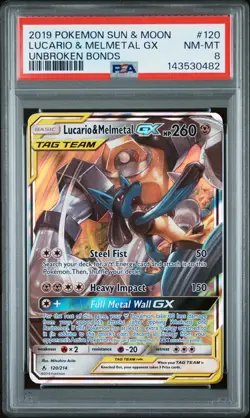 2019 POKEMON SUN & MOON UNBROKEN BONDS #120 LUCARIO & MELMETAL GX PSA 8 - Image 1