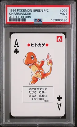 1996 POKEMON GREEN VERSION PLAYING CARDS ACE OF CLUBS #004 CHARMANDER PSA 9 - Image 1