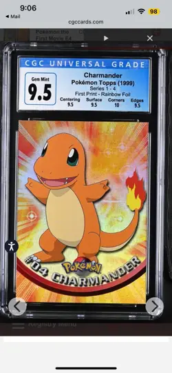 1999 TOPPS POKEMON TV #4 CHARMANDER RAINBOW FOIL(Blue Logo) CGC 9.5 POP 4 W/ Sub - Image 1