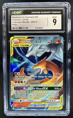 2019 Pokemon SM Unbroken Bonds Reshiram Charizard Tag Team Holo #20/214 CGC 9 - Image 1