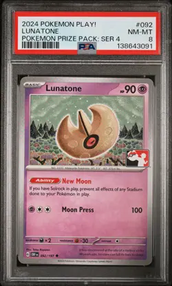 2024 POKEMON PLAY! POKEMON PRIZE PACK: SERIES 4 #092 LUNATONE PSA 8 - Image 1