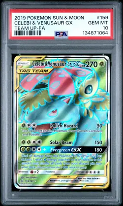 2019 POKEMON SUN & MOON TEAM UP #159 FULL ART/CELEBI & VENUSAUR GX PSA 10 - Image 1