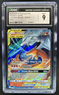 2019 Pokemon SM Unbroken Bonds Reshiram Charizard Tag Team Holo #20/214 CGC 9 - Image 1