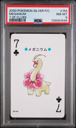 2000 POKEMON SILVER VERSION PLAYING CARDS 7 OF CLUBS #154 MEGANIUM PSA 8 - Image 1