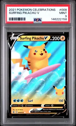 2021 POKEMON CELEBRATIONS #008 SURFING PIKACHU V PSA 9 - Image 1