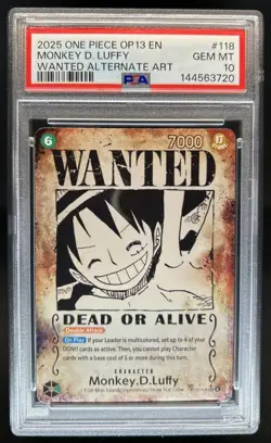 2025 One Piece Carrying On Will Monkey D Luffy Wanted Alt Art #OP13-118 PSA 10 - Image 1