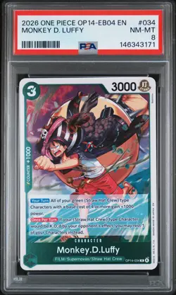 2026 ONE PIECE OP14-EB04-THE AZURE SEA'S SEVEN #034 MONKEY D. LUFFY PSA 8 - Image 1