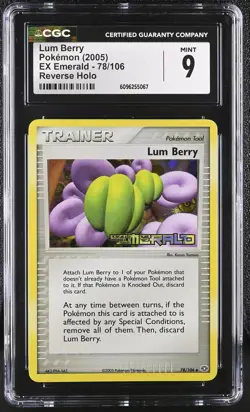 CGC 9 MINT Lum Berry 2005 EX Emerald 78/106 Reverse Holo Stamped Pokemon Card - Image 1