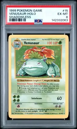 1999 POKEMON GAME SHADOWLESS #15 VENUSAUR-HOLO PSA 6 - Image 1