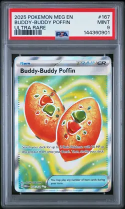2025 Pokemon MEG EN-Mega Evolution #167 Buddy-Buddy Poffin PSA 9 Mint Ultra Rare - Image 1