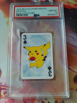 1999 Pokemon Pikachu 3 of Clubs Bicycle Mini Poker Playing Card PSA 10 Gem Mint - Image 1