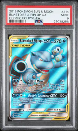 2019 POKEMON SUN & MOON COSMIC ECLIPSE #214 FULL ART/BLASTOISE & PIPLUP GX PSA 9 - Image 1