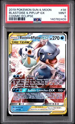 2019 POKEMON SUN & MOON COSMIC ECLIPSE #38 BLASTOISE & PIPLUP GX PSA 9 - Image 1