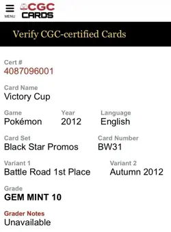 CGC 10 Victory Cup 1st Place (Battle Road Autumn 2012) Pokemon Trophy Promo BW31 - Image 3