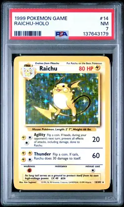1999 POKEMON GAME #14 RAICHU-HOLO PSA 7 - Image 1