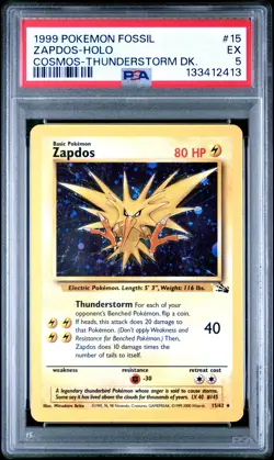 1999 POKEMON FOSSIL COSMOS-THUNDERSTORM DECK #15 ZAPDOS-HOLO PSA 5 - Image 1