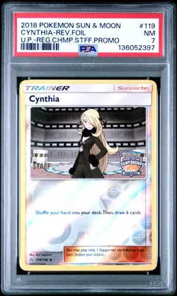 2018 POKEMON SUN & MOON ULTRA PRISM #119 CYNTHIA-REVERSE FOIL PSA 7 - Image 1