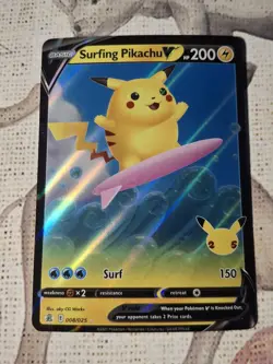 Pokemon TCG Surfing Pikachu v Celebrations Holo Ultra Rare Card 008/025 - Image 1