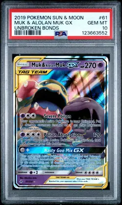 2019 POKEMON SUN & MOON UNBROKEN BONDS #61 MUK & ALOLAN MUK GX PSA 10 - Image 1