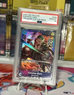 2024 ONE PIECE PROMOS TREASURE CUP-TOP PRIZE #008 RORONOA ZORO PSA 10 - Image 1