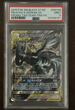 PSA 9 MINT Pikachu & Zekrom GX Pokemon TCG Black Star Promo SM168 Tag Team - Image 1
