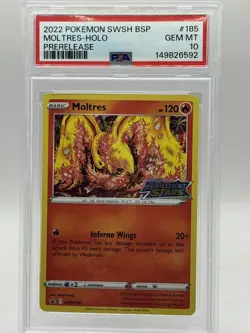 2022 POKEMON SWSH BLACK STAR PROMO PRERELEASE #185 MOLTRES-HOLO PSA 10 - Image 1