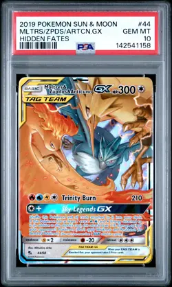 2019 POKEMON SUN & MOON HIDDEN FATES #44 MOLTRES & ZAPDOS & ARTICUNO GX PSA 10 - Image 1
