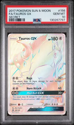 2017 POKEMON SUN & MOON SECRET #156 FULL ART/TAUROS GX PSA 10 - Image 1