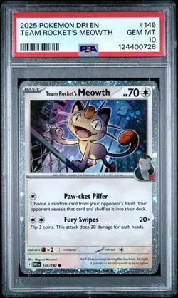2025 Pokemon Destined Rivals #149 Team Rocket's Meowth PSA 10 Gem Mint SWIRL - Image 1