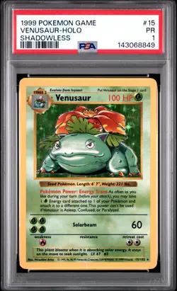 1999 POKEMON BASE SET SHADOWLESS #15 VENUSAUR-HOLO PSA 1 - Image 1