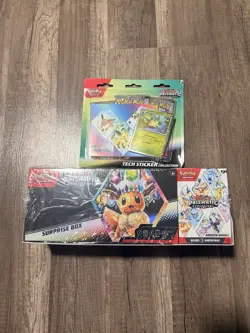 Pokemon Prismatic Evolutions Surprise Box + Bundle + Leafeon Tech Sticker LOT - Image 1