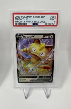 2020 Pokemon SWSH BSP Meowth V VMAX 004 PSA Graded 9 Mint Card - Image 1