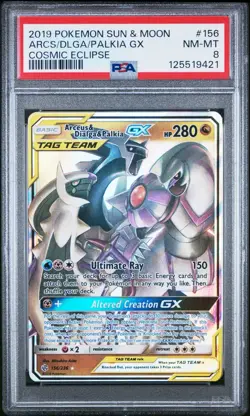 2019 POKEMON SUN & MOON COSMIC ECLIPSE #156 ARCEUS & DIALGA & PALKIA GX PSA 8 - Image 1
