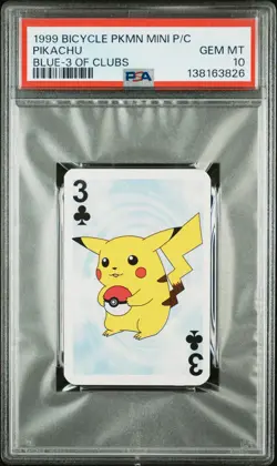 1999 BICYCLE POKEMON MINI PLAYING CARDS BLUE DECK 3 OF CLUBS PIKACHU PSA 10 - Image 1