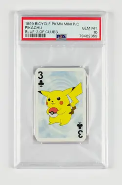 1999 BICYCLE POKEMON MINI PLAYING CARDS BLUE DECK 3 OF CLUBS PIKACHU PSA 10 - Image 1