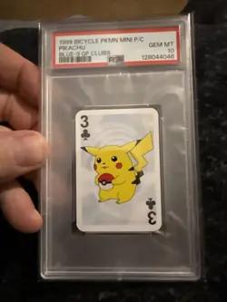 1999 BICYCLE POKEMON MINI PLAYING CARDS BLUE DECK 3 OF CLUBS PIKACHU PSA 10 - Image 1