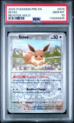 2025 Pokemon Prismatic Evolutions # 074 Eevee Reverse Holo PSA 10 Card GEM MINT! - Image 1