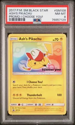 PSA 8 Ash's Pikachu Black Star Promo I Choose You! 2017 Pokemon #SM108 - Image 1
