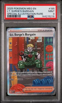 2025 Pokemon Mega Evolution Base #185 SIR Lt. Surge's Bargain PSA 9 Mint - Image 1