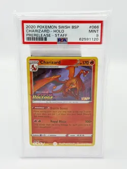 CHARIZARD SWSH066 Pokemon Vivid Voltage STAFF Prerelease Holo Promo- PSA 9 Mint - Image 1