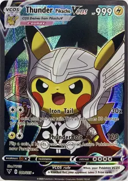 Thunder Pikachu V Thor Cosplay Pokemon TCG YWGS Custom Fan Art Holo Card - Image 1