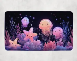 Kawaii Coral Reef MTG Playmat - Glowing Jellyfish Starfish Ocean Mat - Image 1