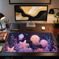 Kawaii Coral Reef MTG Playmat - Glowing Jellyfish Starfish Ocean Mat - Image 2