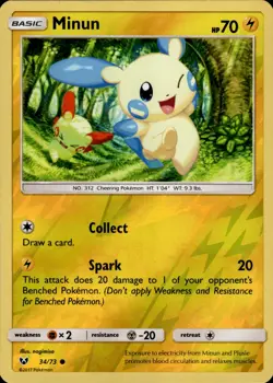 Pokemon TCG Reverse Holo Card Minun Shining Legends 34/73 - Image 1