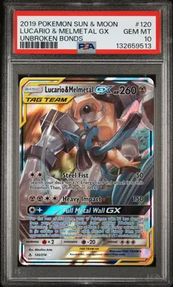 2019 POKEMON SUN & MOON UNBROKEN BONDS #120 LUCARIO & MELMETAL GX PSA 10 - Image 1