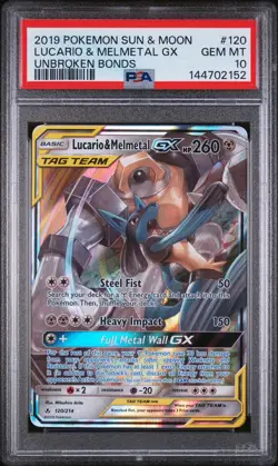 2019 Pokemon Sun & Moon Unbroken Bonds #120 Lucario & Melmetal Gx PSA 10 - Image 1