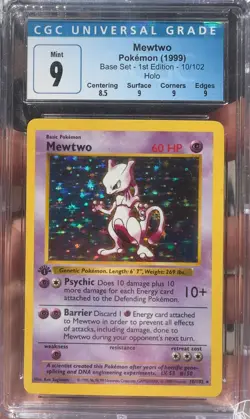1999 Pokemon Base Set 1st Edition Shadowless #10 Mewtwo - Holo CGC Graded 9 MINT - Image 1
