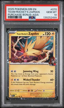 2025 POKEMON DESTINED RIVALS PURCHASE BONUS ASIA #70 TEAM ROCKET'S ZAPDOS PSA 10 - Image 1