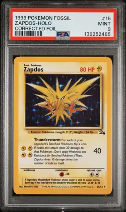 1999 POKEMON FOSSIL CORRECTED FOIL #15 ZAPDOS-HOLO PSA 9 - Image 1